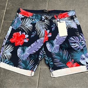 Floral Print Shorts with Red and Blue Accents